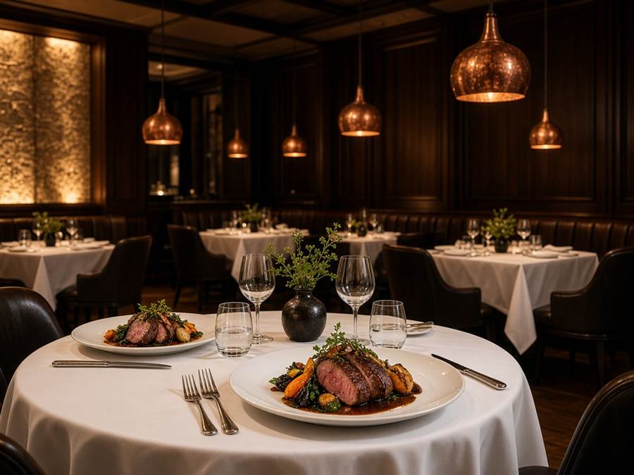 Warm dining hall at MeatisserieHere with copper lighting