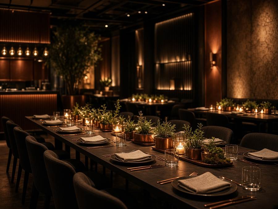 Event dining setup with warm ambient lighting